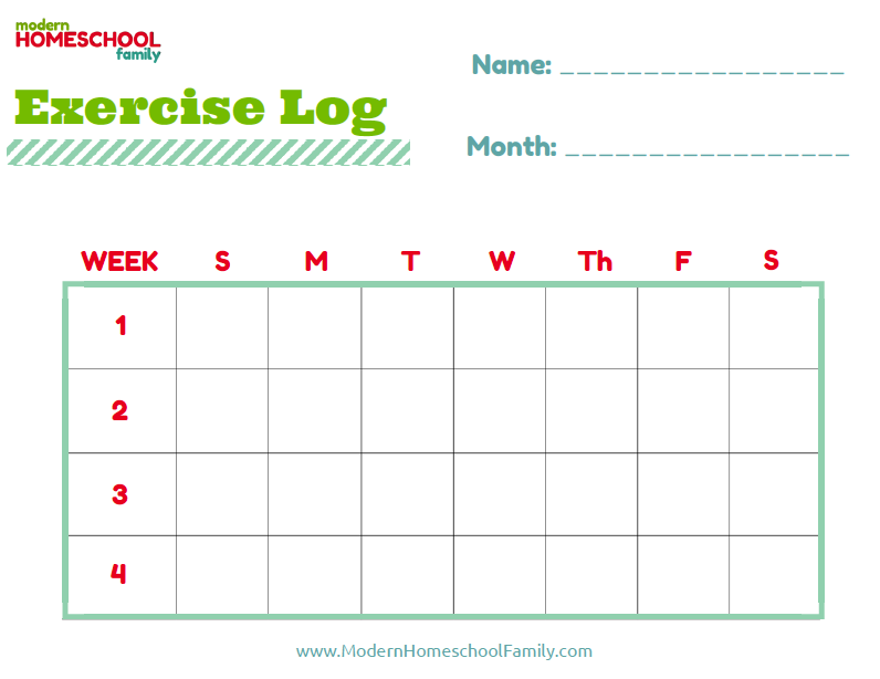 free printable exercise log for kids