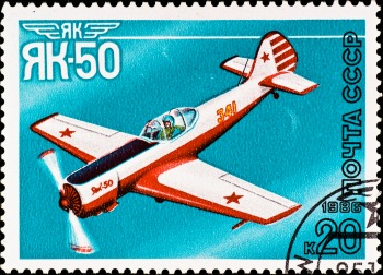 USSR - CIRCA 1986: postage stamp shows vintage rare plane "yak-50", circa 1986
