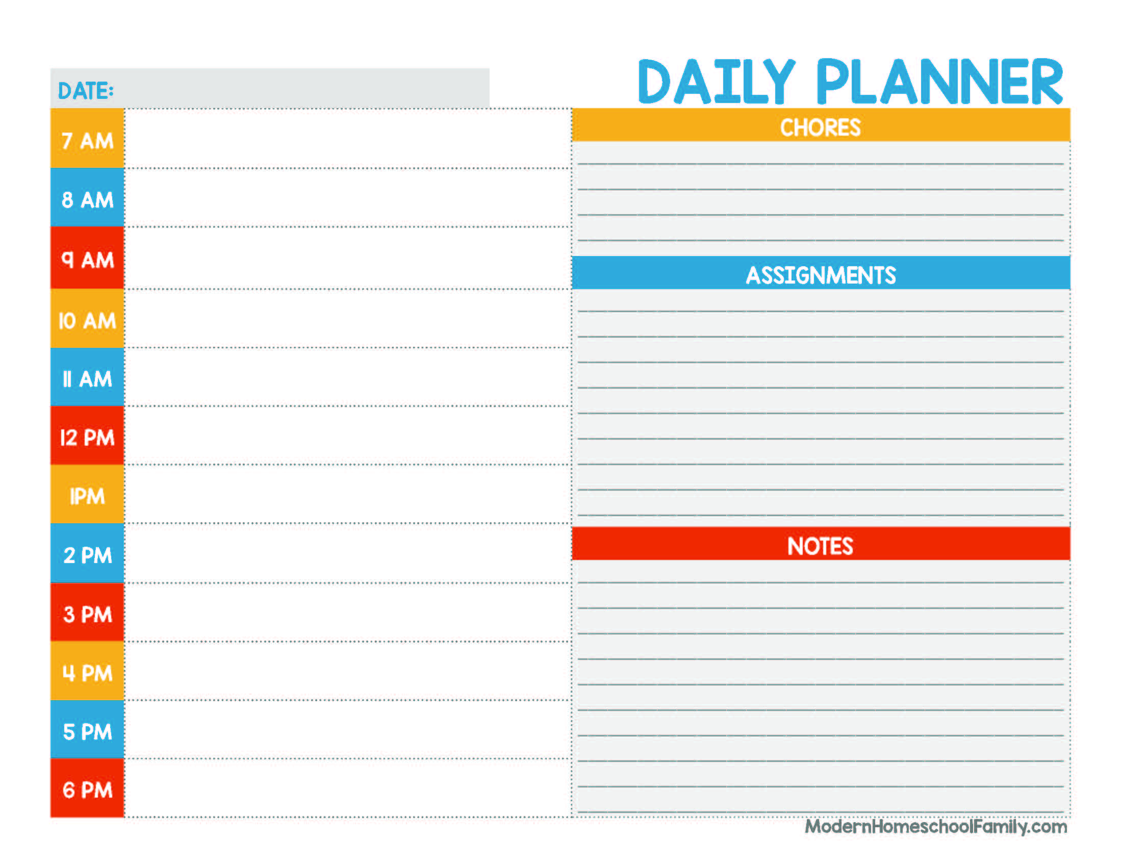 Printable Homeschool Planner Page for Kids (Primary Colors)